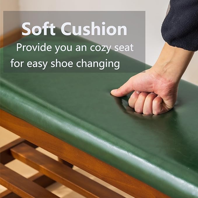 Solid Wood Shoe Bench, 2-Tier Entryway Bench with Cushion and Flip-Open Storage Box, Mid-Century Modern Shoe Bench Rack for Hallway, Mudroom(Green, 31.5'')