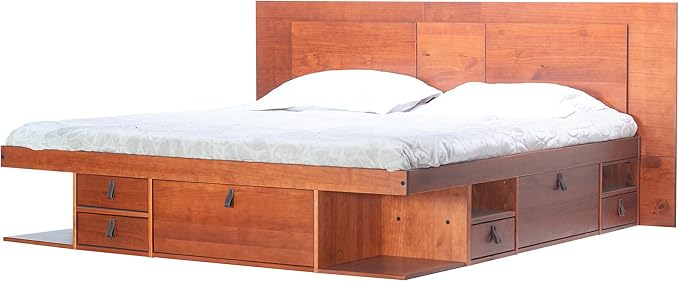 memomad Bali Slim Set: Storage Platform Bed with Drawers + Flat Panel Headboard (King Size, Caramel Brown Wood)