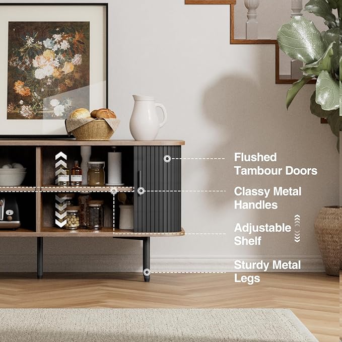 55''W Black Cabinet with Storage, Media Console, Tambour TV Stand, Television Stands with Curvy Edge; Sliding Door, Fluted Cabinet, Buffet Sideboard, Credenza, Table Stand for Living Room, Kitchen