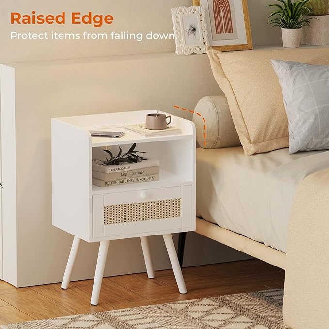 SUPERJARE Nightstand with Charging Station & Rattan-Like Decor Drawer, Rattan End Table with Solid Wood Feet, Bed Side Table with Open Storage, for Bedroom, Living Room, Dormitory - White