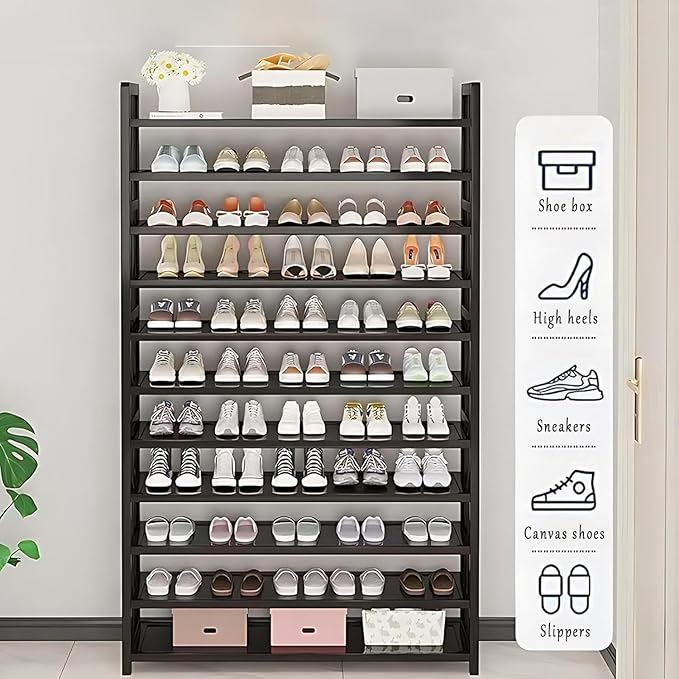 Tall Shoe Cabinet with Clear Doors, Large Capacity Bamboo Shoe Cabinet, 40-45 Pairs Shoe Rack Organizer for Closet Entrance, Hallway, Living Room, Bedroom
