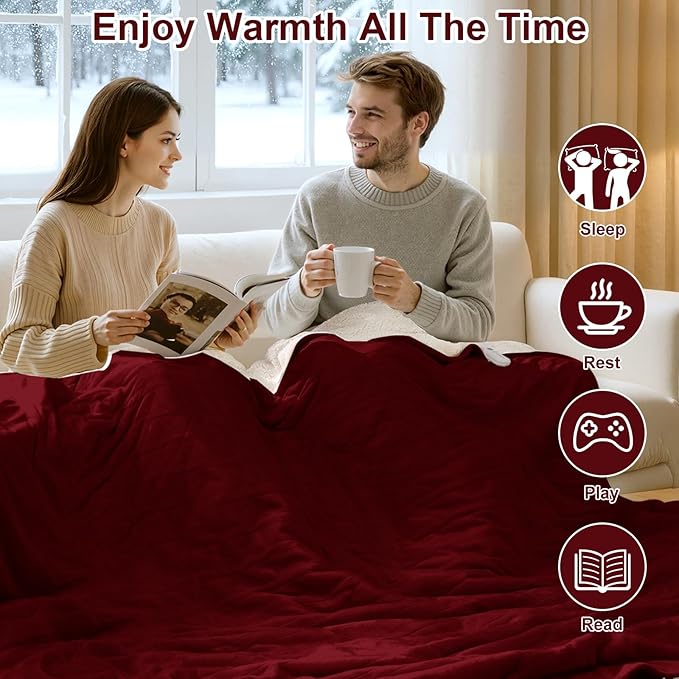 King Size Heated Blanket for Bed - 100" X 90" Dual Control Electric Blanket King with 5 Heat Levels, 10H Auto Off, Overheat Protection, Washable Flannel Sherpa Heating Blankets, Red