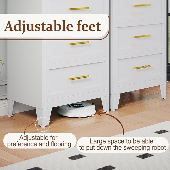 Metal Narrow Dressers & Chest of Drawers, White Tall Dresser for Bedroom, 5 Drawer Dresser with Curved Corner, Bedroom Dressers with Drawers, Storage Cabinet (White, 24" W)