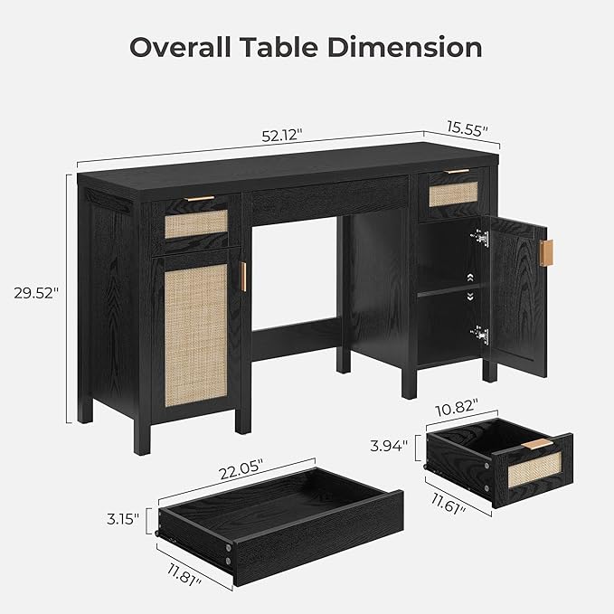 SICOTAS Rattan Vanity Home Office Desk - 52" Large Farmhouse Boho Makeup Vanity Dressing Table with 3 Drawers & 2 Storage Cabinets, Vanities Desk for Makeup Room, Bedroom, Home Office, Black Oak