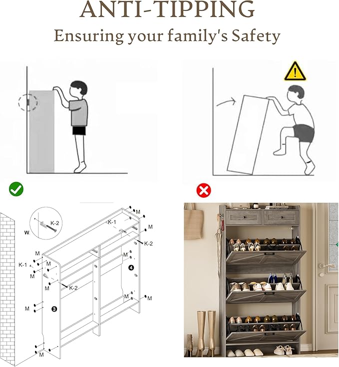 Shoe Storage Cabinet for Entryway, Farmhouse Narrow Shoe Cabinet with 3 Flip Drawers & 2 Top Drawers, Adjustable Shelves & Hooks, Freestanding Hidden Rack Organizer for Hallway, Foyer