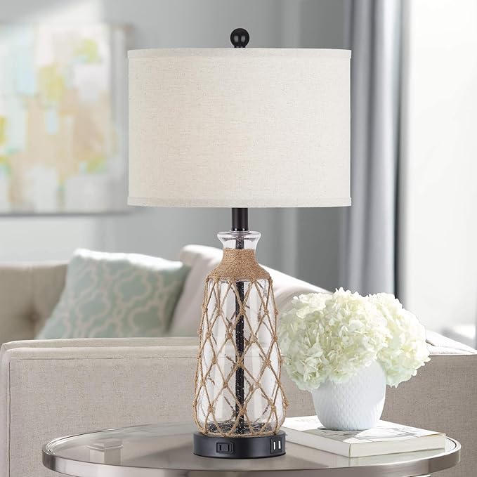 25.5" Coastal Glass Table Lamps Set of 2, 3-Way Dimmable Touch Control Bedside Lamps with 2 USB Ports and AC Outlet, Clear Nautical Nightstand Lamp for Bedroom Living Room (LED Bulbs Included)