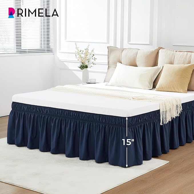 RIMELA Navy Blue Bed Skirt Queen Size 15 Inch Drop, Elastic Bed Skirting for Bed Base and Frame, Bedding Dust Ruffle Easy to Install, Lightweight Wrap Around Adjustable Bedskirt