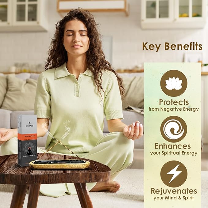 Simply Vedic Sandalwood Incense Sticks 250g (Approx. 135 Handmade Sticks) with Free Holder | 45 Min Burn | Natural Charcoal-Free Agarbatti for Meditation, Yoga, Aromatherapy, Relaxation
