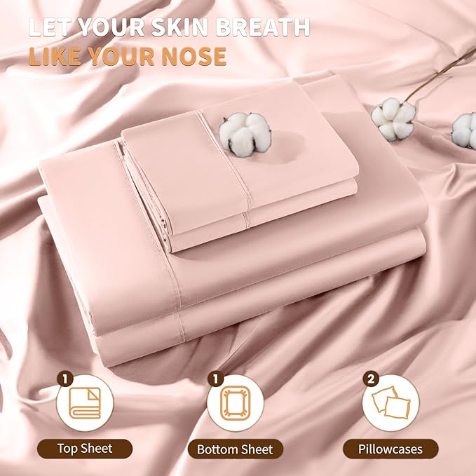 LBRO2M 100% Cotton Sheets Set Deep Pocket 19", 1000 Thread Count Full Size 4 Piece Bed Sheet Sets Soft Comfortable Bedding All Season (Full, Pink)