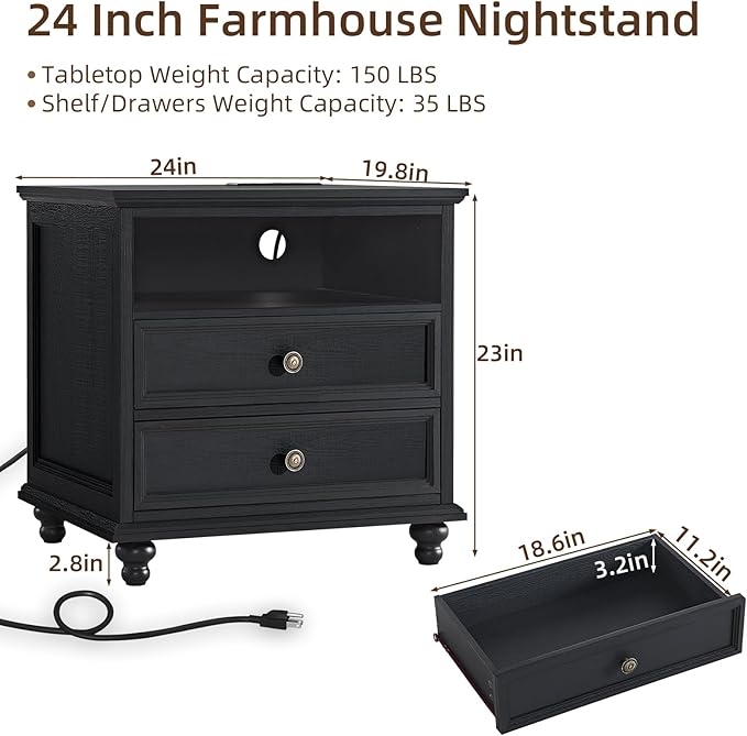 24" Wide Farmhouse Nightstand with Charging Station, End Table with 2 Drawers, Black Wood Dresser for Bedroom Cabinet, Bed Side Table Chest of Drawers, Night Stand for Living Room, Closet