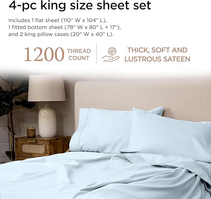 Threadmill Supima King Size Sheets, 1200 Thread Count, 4 Piece American Luxury Bed Sheets for King Mattress, 5 Star Hotel Quality Cotton Sheets with Elasticized Extra Deep Pocket, Light Blue