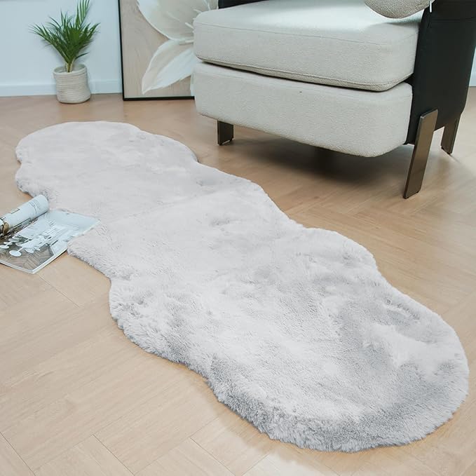 Latepis Grey Rugs for Bedroom 2x6 Furry Runner Rugs Faux Fur Washable Fluffy Rabbit Shag Rug for Living Room Nursery Kids Rug Room Decor Sheepskin