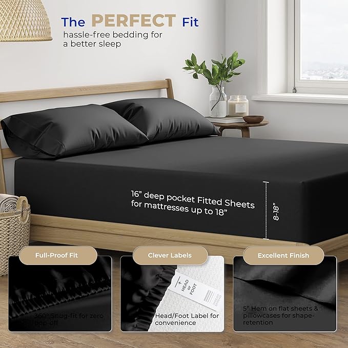 THREAD SPREAD 100% Cotton Sheets Full Size Set - 400 Thread Count 4 PC Full Size Sheet Sets Cotton, (Black), Ultra Soft, Breathable, Cooling, Sateen Weave 16" Deep Pocket Bedsheet for Hot Sleepers
