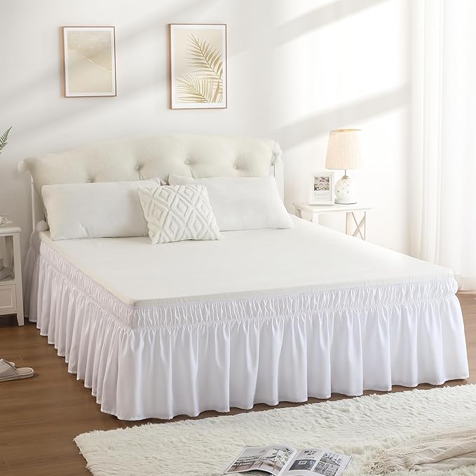 RIMELA White Bed Skirt Queen Size 15 Inch Drop, Elastic Bed Skirting for Bed Base and Frame, Bedding Dust Ruffle Easy to Install, Lightweight Wrap Around Adjustable Bedskirt