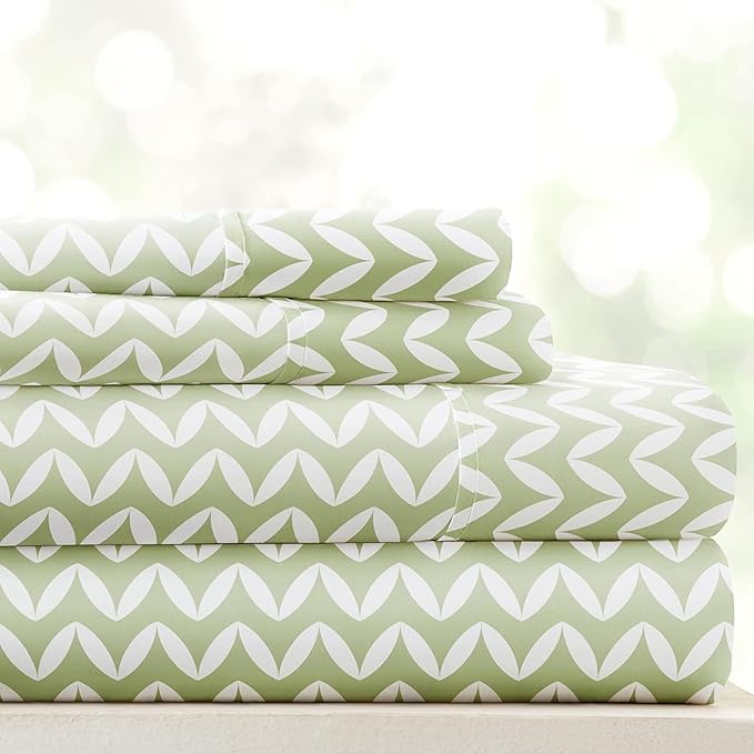 Linen Market Double-Brushed Patterned Microfiber Queen Sheet Set 4 Piece – Oeko-TEX Certified Ultra Soft & Wrinkle-Free - 16" Deep Pocket Sheets - Easy Care Queen Size - Puffed Chevron Sage