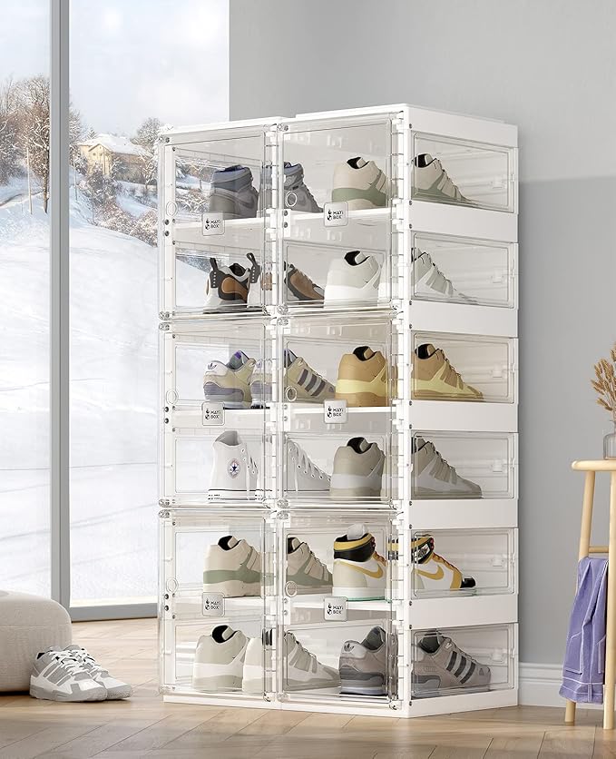 ANTBOX Foldable Shoe Rack,Shoe Organizers for Closet Plastic Shoe Storage Box Space Saving for Entryway, Large Sturdy Stackable Sneaker Cabinet Bins with Magnetic Clear Door 6 Tiers 12 Pairs
