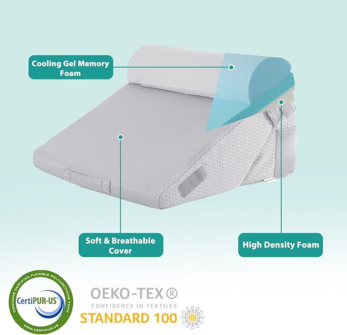 Bedluxe 3Pcs Orthopedic Bed Wedge Pillow Set, Foam Wedge Pillow Post Surgery for Back, Leg and Knee Support, Adjustable 9&12 Inch Folding Triangle Pillow for Sleeping, Acid Reflux, Snoring, Light Grey