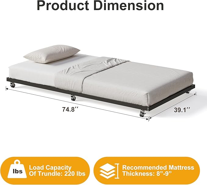 GarveeHome Twin Size Metal Roll Out Trundle Bed Frame with Wheels and Slats Support, Black
