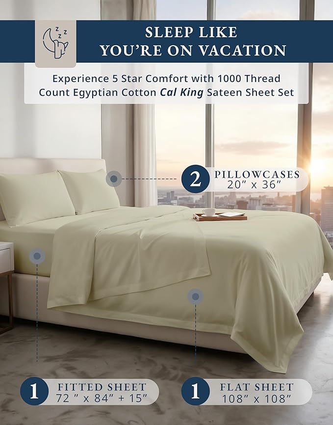 LANE LINEN 100% Egyptian Cotton Bed Sheets California King Size - 1000 Thread Count, Soft & Comfy Sateen Weave No Pill Fade Resistant Cal King Bedding Set, Machine wash 15'' Deep Pocket- Linen