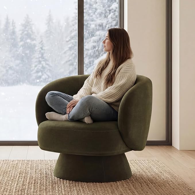 Swivel Accent Chair, Modern 360 Degree Swivel Barrel Chair with Arms & Curved Back and Lumbar Support Cushion, Comfy Round Single Sofa for Small Space, Living Room, Bedroom, Olive Rayon