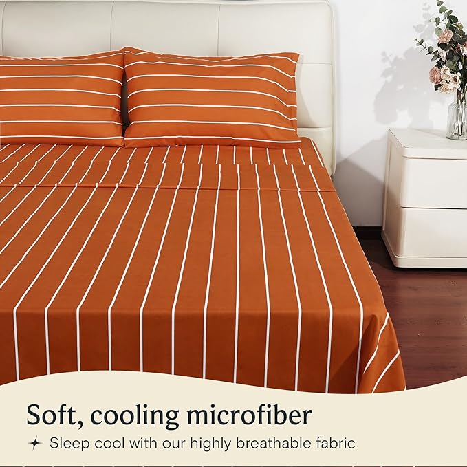 LuxClub 4 PC Sheet Set Bed Sheets Deep Pockets 16" Wrinkle Free Cooling Machine Washable Hotel Bedding Silky Soft - Striped-Autumn Orange Queen