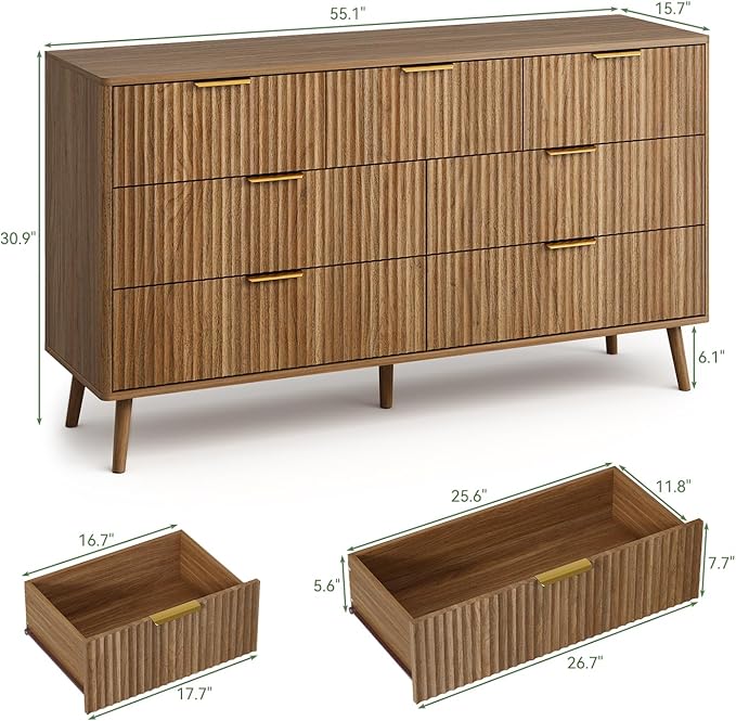 LYNSOM Fluted Dresser and Nightstand Sets 3 Piece, 7-Drawers Dresser and 1-Drawer Nightstands Set of 2, Wood Bedroom Furniture Set for Home, Bedroom, Hallway, Walnut