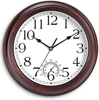 10 Inch Outdoor Wall Clock with Thermometers, Vintage Silent Wall Clocks Battery Operated, Retro Non-Ticking Clock Decorative for Living Room, Patio, Kitchen, Office, Bathroom, Bedroom(Bronze)