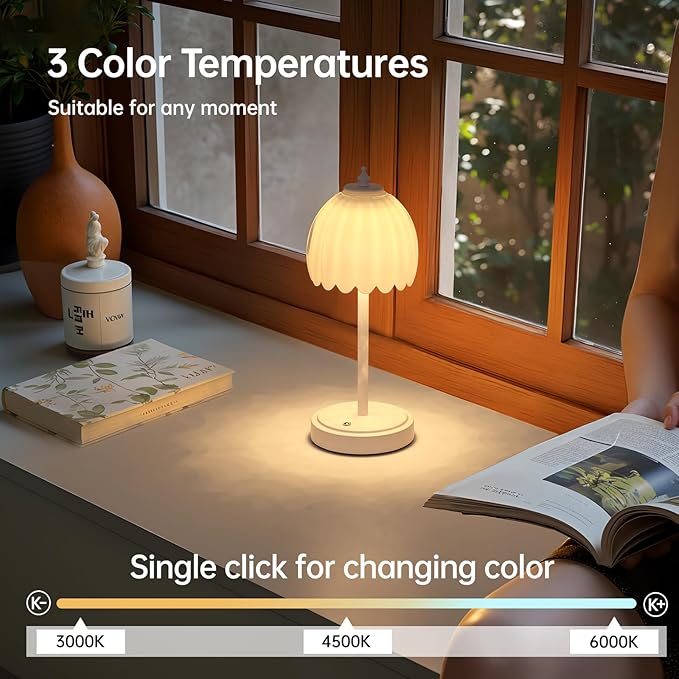 Tulip Table Lamp with 5200mAh Battery & Touch Control, Cordless Small Table Lamp with 3 Colors, Dimmable Rechargeable Table Lamps for Living Room, Bedroom, Bedside (White Tulip & White Base)