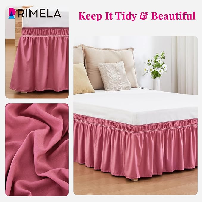 RIMELA Dusty Red Bed Skirt Queen Size 15 Inch Drop, Wrap Around Elastic Bedskirt, Dust Ruffle for Adjustable Bed Base Machine Washable Easy to Install Bed Skirts