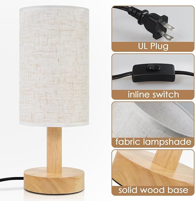 Small Bedside Table Lamps for Bedroom Set of 2,Natural Round Wood Base&Fabric Linen Shade,Cozy Night Light for Study Reading,Minimalist Boho Desk Lamp for Nightstand,Living Room,Nursery,Kitchen,Dorm