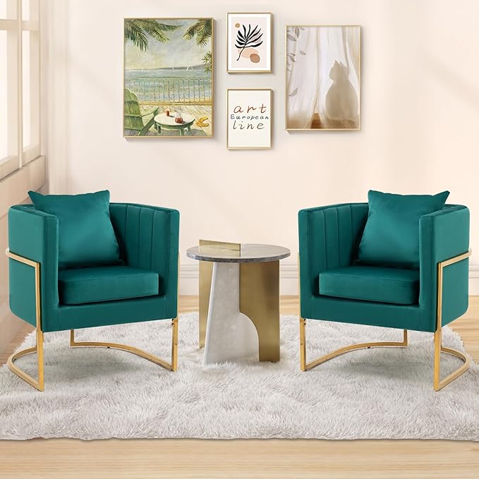 Velvet Modern Accent Chairs Set of 2, Upholstered Barrel Armchair Mid Century with Pillow for Living Room, Comfy Single Vanity Chair with Metal Gold Legs for Bedroom, Green