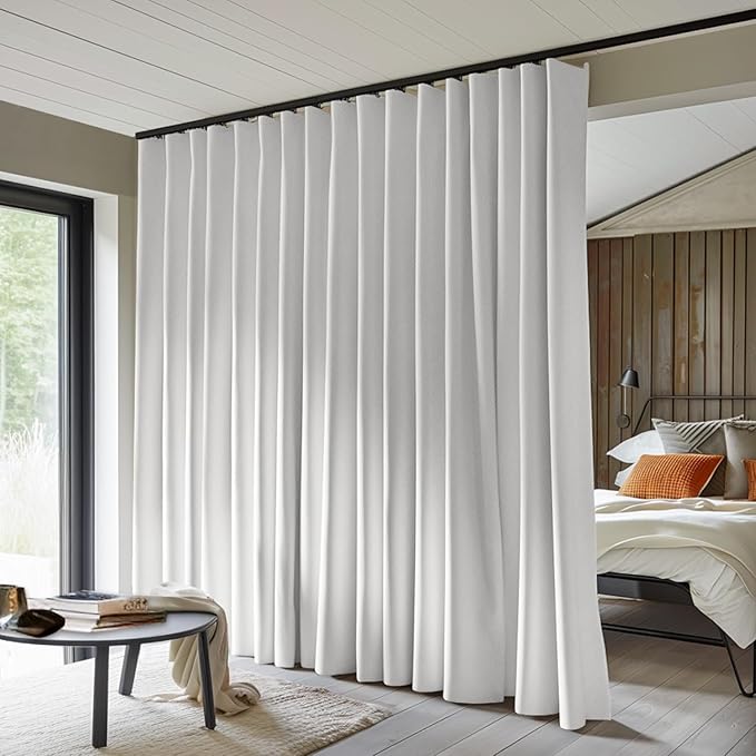 Room Divider Curtains Total Blackout Privacy Curtain Panel Room Thermal Insulated Noise Reduction Curtains for Bedroom Window Living Room Ceiling Track Curtain W 12.5 ft × H 9 ft White