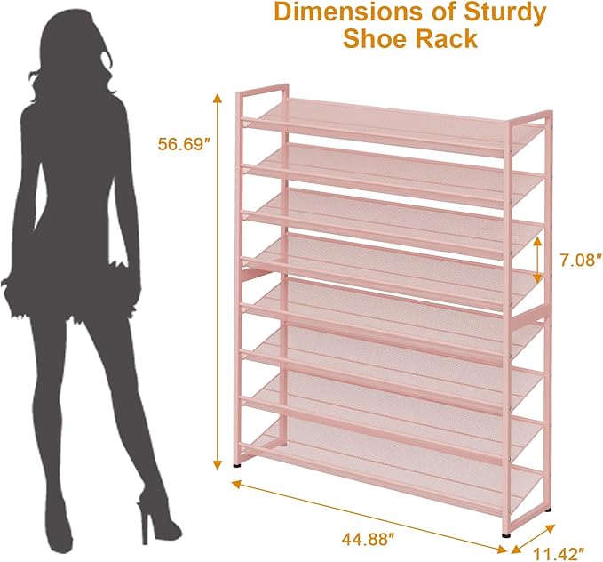 Large Shoe Rack 8 Tier Shoe Organizer, Heavy Duty Metal 4-Tier Stackable Shoe Storage Vertical Shoe Rack for Closet Front Door Entrance, Up to 50 Pairs, 44.8" W x 11.4" D x 56.7" H, Pink