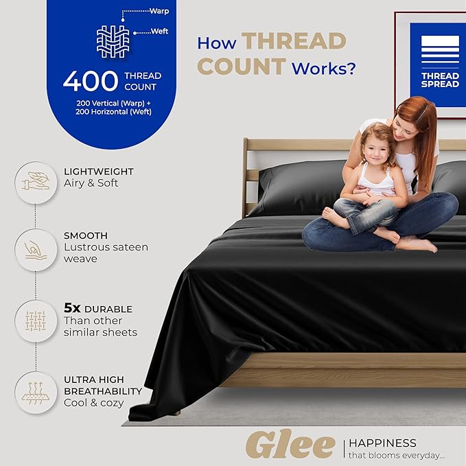 THREAD SPREAD 100% Cotton Sheets Full Size Set - 400 Thread Count 4 PC Full Size Sheet Sets Cotton, (Black), Ultra Soft, Breathable, Cooling, Sateen Weave 16" Deep Pocket Bedsheet for Hot Sleepers