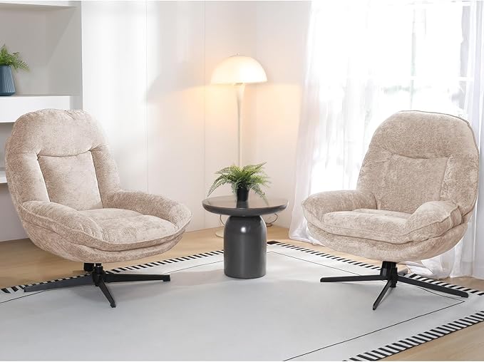 360°Free Swivel Accent Chair Set of 2 for Living Room, Slightly 20°Rocking, 24" High Backrest Upholstered Armchair, Ergonomic Design, Chenille Breathable Soft Fabric Modern Single Sofa, Beige