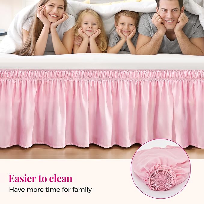 RIMELA Dusty Pink Bed Skirt King Size 15 Inch Drop, Wrap Around Elastic Bedskirt, Dust Ruffle for Adjustable Bed Base Machine Washable Easy to Install Bed Skirts