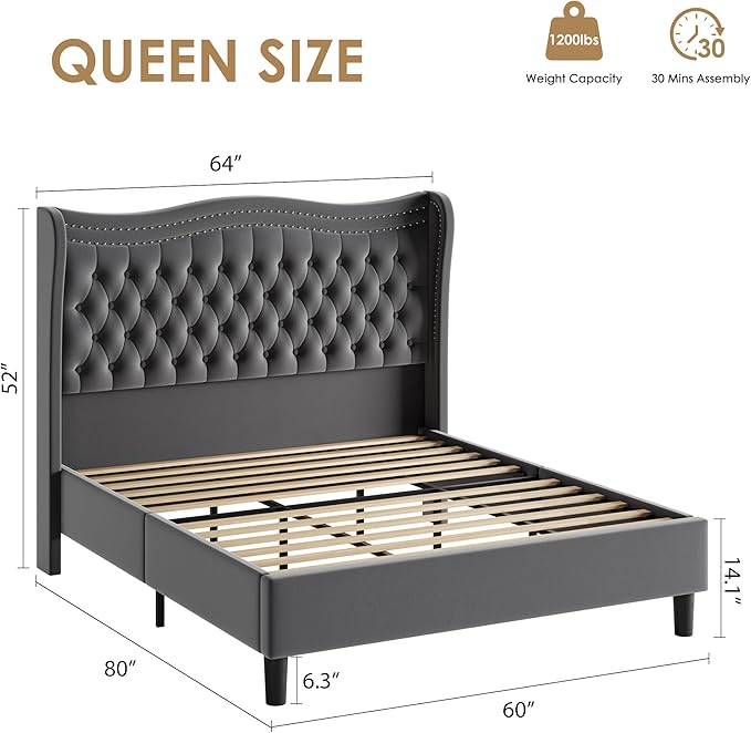 Upholstered Queen Size Bed Frame with Tall Headboard, Velvet Wingback Platform Bed Frame with Deep Button Tufted, No Box Spring Needed, Noise Free, Grey
