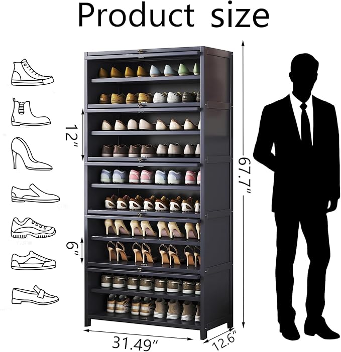 Bamboo Shoe Cabinet with Acrylic Door,10-Tier Shoe Storage Rack, 40-45 Pairs Freestanding Shoe Rack, Entrance Shoe Cabinet for Hallway Living Room