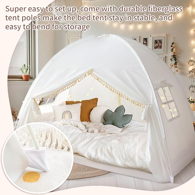 Razee Twin Bed Tent for Kids, Twin Size Toddler Canopy Indoor Princess Playhouse Privacy Tents on Bunk Bed Sleep for Girls Boys, Kid Toys for Birthday Gift, Bohemian Tassel, White