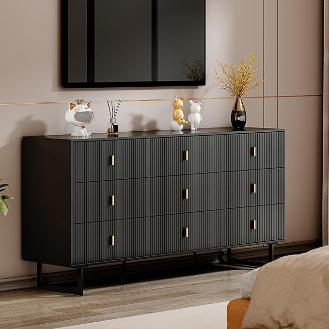 Modern Chest of Drawers with 9 Drawers,Deep Drawers,Clothes Organizer,Large Storage Cabinet for Living Room, Bedroom,Hallway,with Anti-Tipping Device,Dark