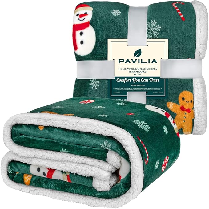 PAVILIA Green Christmas Sherpa Throw Blanket, Gingerbread Snowman Holiday Pattern, Soft Reversible Fleece & Sherpa 60x80 Winter Blanket for Couch & Bed, Cozy Christmas Decor