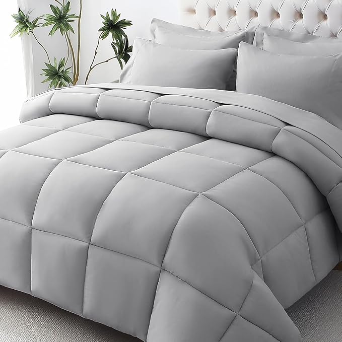 JOLLYVOGUE Queen Comforter Set, Ultra-Soft Bed in a Bag Queen Size 7 Pieces, Oeko-TEX Certified Bedding Set with Down Alternative Comforter, Sheets, Pillowcases & Shams, Light Grey