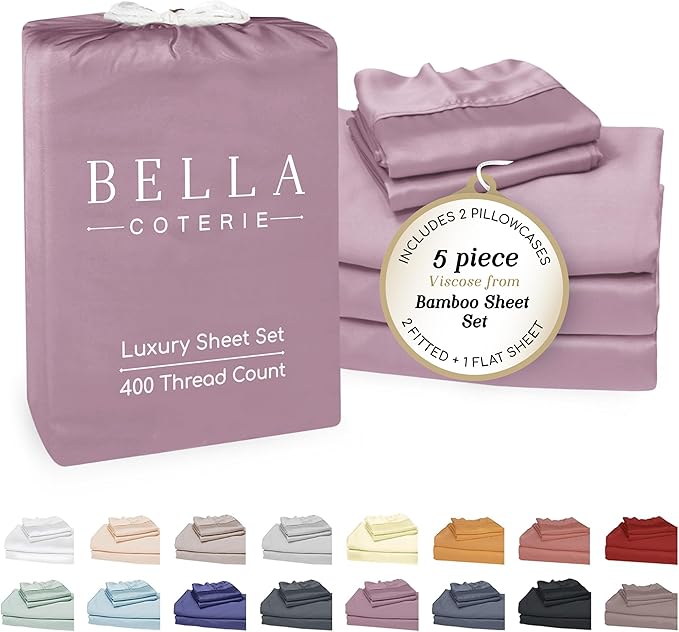 Bella Coterie Luxury Bamboo Viscose Split King Size Sheet Set | 2 Fitted Sheets for Sleep Number & Adjustable Beds | 100% Organically Grown | Cooling & Ultra Soft | 18” Deep Pocket [Lilac]
