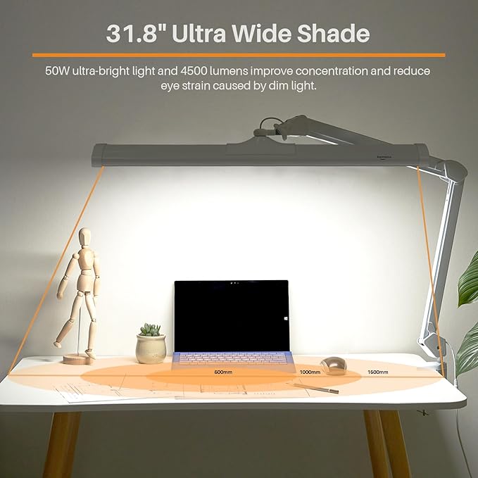 LED Architect Desk Lamp, 4500 Lumens, Dimmable, Metal Swing Arm, 5 Color Temperatures, 50W, Ideal for Task Work, Drafting, Reading, Clamp-on Office Table Lamp with 684 Bright LEDs (White, CCT)