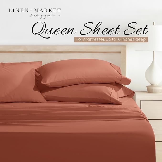 Linen Market Bed Sheets for Queen Size Bed (Clay) - Sleep Better Than Ever with These Soft and Cooling Queen Sheets - Deep Pocket Fits 16" Thick Beds - 4 Piece Queen Sheet Set