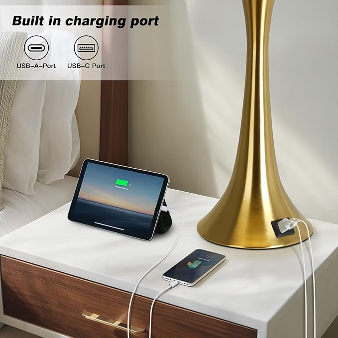 27.5" Gold Lamps Set of 2, Touch Control 3-Way Dimmable Bedside Nightstand Lamps Bedroom Lamp,Modern Gold Table Lamp with USB A+C Ports,Tall Lamps for Living Room End Table Home Office