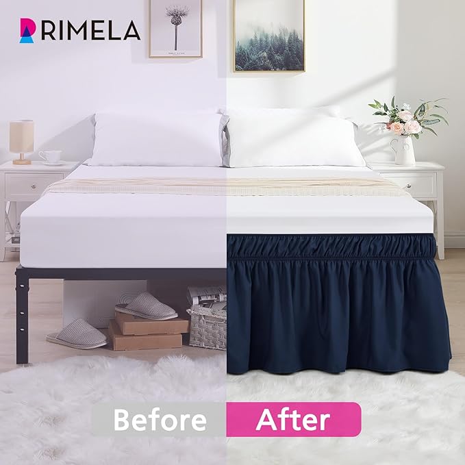 RIMELA Navy Blue Bed Skirt Queen Size 18 Inch Drop, Elastic Bed Skirting for Bed Base and Frame, Bedding Dust Ruffle Easy to Install, Lightweight Wrap Around Adjustable Bedskirt