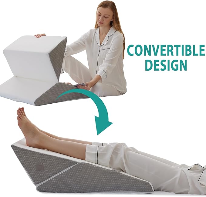 Bedluxe Wedge Pillow for Sleeping, Adjustable 9&12 Inch Foldable Bed Wedge Pillow Set, Orthopedic Memory Foam Triangle Pillows Wedge, 7-in-1 Elevated Pillows for Leg and Back Support, White/Grey
