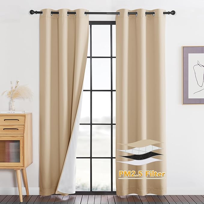 RYB HOME PM 2.5 Filter Curtains for Living Room/Bedroom, Soundproof Blackout Large Window Curtains for Dust Sandstorms Smog Pollen Odor Filtering, Biscotti Beige, W42 x L84 inch, 2 Panels