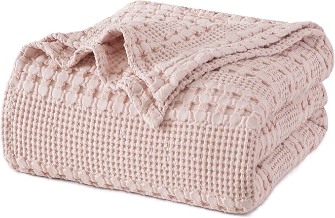 PHF 100% Cotton Waffle Weave Blanket King Size for Bed, Soft Lightweight & Breathable, All-Season Comfort, Luxury Aesthetic Woven Bedding for Home Decor, 108"x90", Pink/Mauve